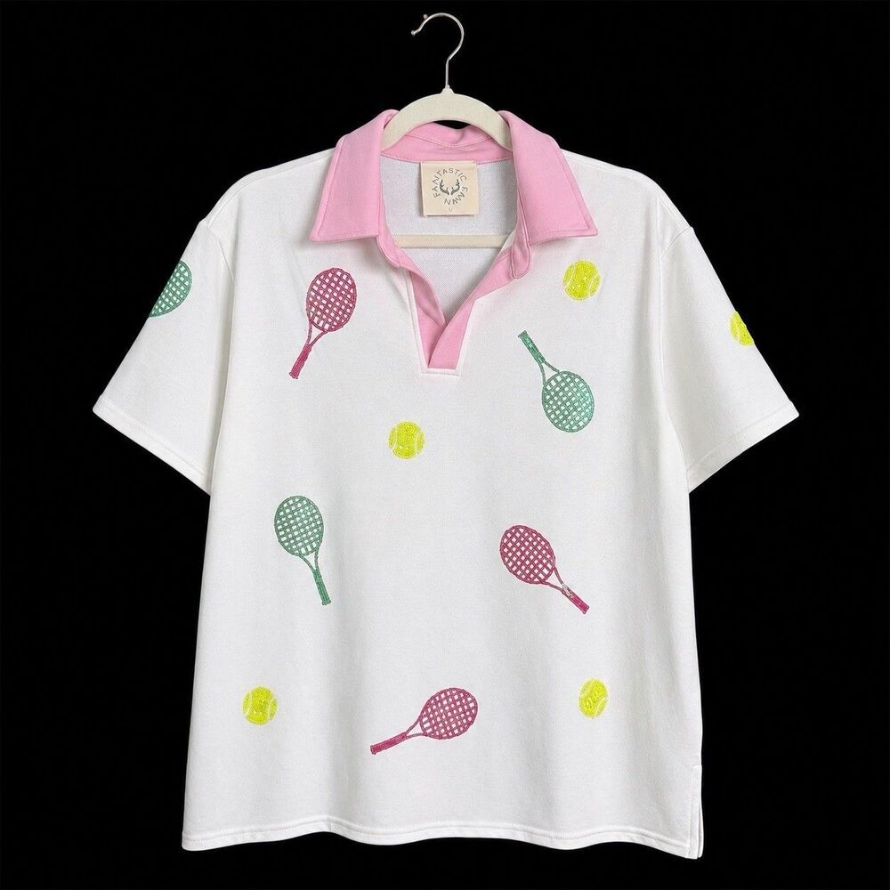 New Fantastic Fawn Pink & Green Sequin Tennis Print Polo Top Women Size Large - Picture 2 of 5